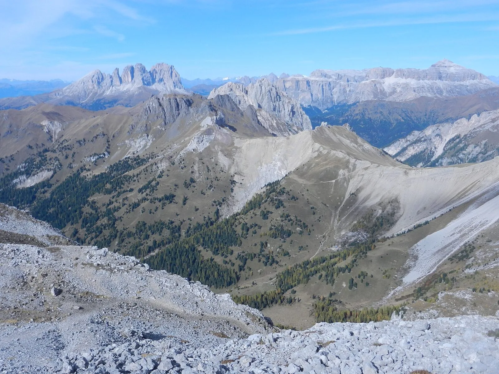 Vista dall'alto su creste e pascoli d'alta quota con boschi di larici che iniziano a ingiallire, in primo piano un ghiaione chiaro, sullo sfondo il Sassolungo e il gruppo del Sella sotto un cielo azzurro